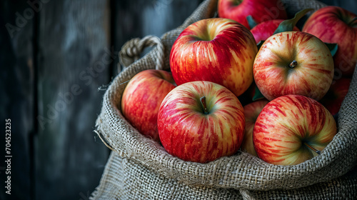 sack full of red, ripe apples, closeup