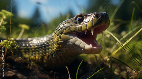 snake in the grass, Grass-snake, natrix emerging with its tongue protruding from the terrace of a country home
