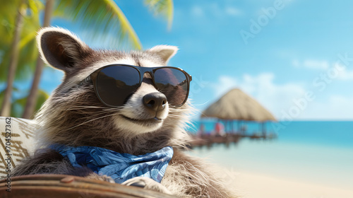 A raccoon in sunglasses and with a tropical cocktail is relaxing on the beach. Vacation concept at sea.