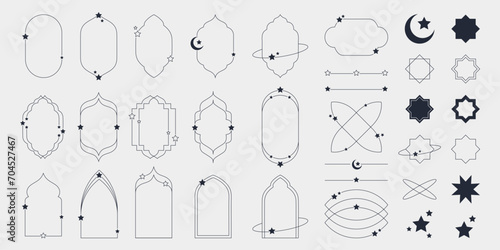 Islamic modern minimalist aesthetic linear set elements. Arch frames with stars and crescent. Lineart geometric shapes. Boho line art vector illustration for social media, poster