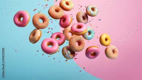 A bunch of donuts that are flying in the air