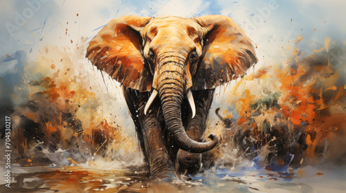 Watercolor painting of an elephant on white background with watercolor splashes