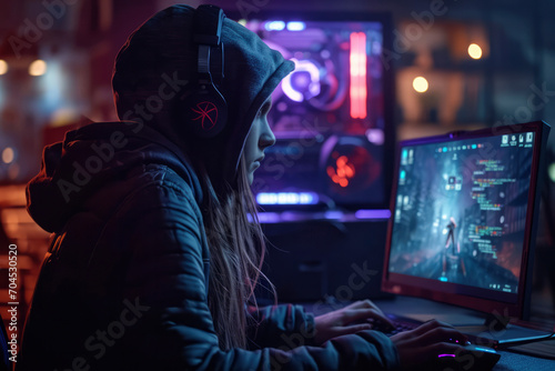 A teenage gamer in a hood is playing at a gaming laptop. A teenage girl or a boy in a hood is a hacker,