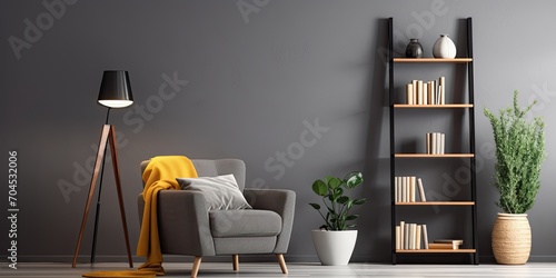 Cozy gray furniture with wood shelves and a black lamp in a bright living space.