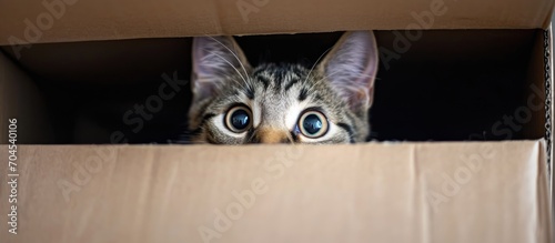 Cat peeking from a box.