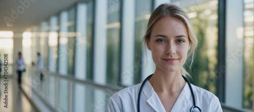 female doctor looking at the camera. banner, wallpaper, copy space, design template, hospital marketing, medical banner, website banner
