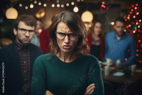 Festive people disturbing stressed woman during christmas time, feeling frustrated by noisy colleagues. Coworkers celebrating winter holiday season, interrupting tired person