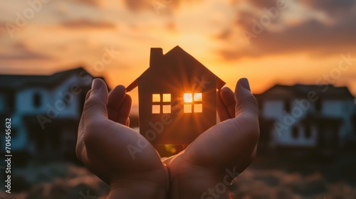 A conceptual background on home protection insurance, featuring hands holding a paper house