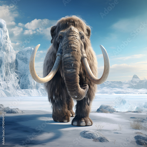 Woolly mammoth roaming the terrains of the ice age earth. Generative AI. 