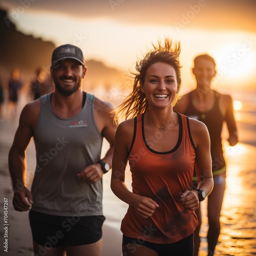 Young friends, running on the beach, running in a group