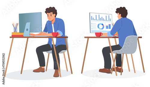 Man working in office. Worker at table. Laptop on desk. Person in front or back. Business character. People sitting on chair. Computer on desktop. Managers workplace. Vector illustration