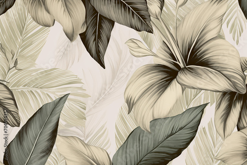  Boho style wallpaper, vintage botanical illustration of tropical leaves. Watercolor drawing of jungle landscape.