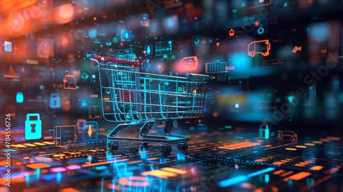 E-commerce and online shopping, abstract digital shopping cart overflowing with various 3D icons