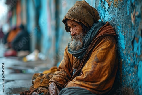 In the grip of poverty, a sad beggar sits alone, his eyes reflecting misery and hopelessness. He's a stark symbol of homelessness, loneliness, and prevailing social issues