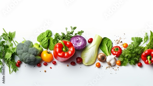 A healthy eating concept in white features a variety of fresh vegetables and herbs.