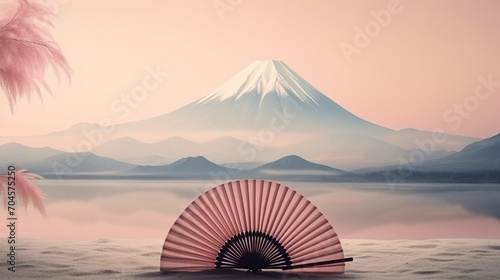 Traditional Japanese fan sensu, pink blossom with Fujiyama mountain background