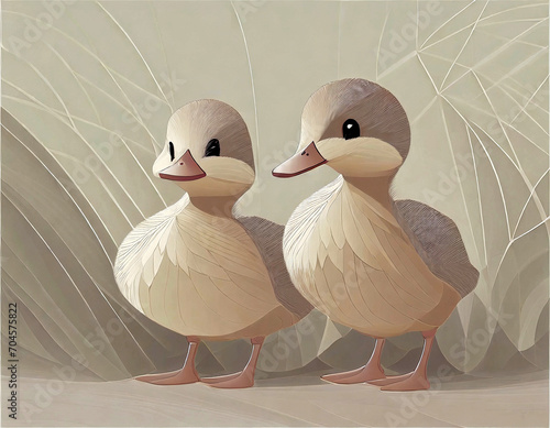 Two cute ducklings in geometric paper cut style