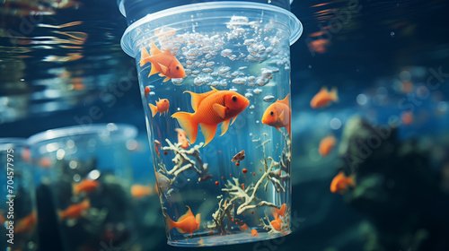 fish in a plastic cup, ocean pollution. The concept of hopelessness. Environmental pollution