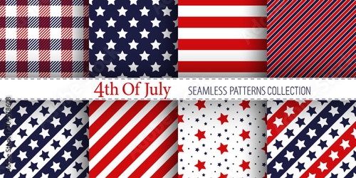 American vector seamless patterns collection. Classic stars and stripes ornaments in blue, red and white colors. Best for textile, wallpapers, wrapping paper festive decoration.