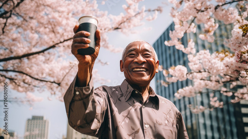 Modern happy elderly smiling dark-skinned African man with a cup of coffee against the backdrop of pink cherry blossoms and metropolis city.