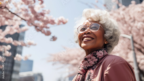 Modern happy elderly smiling dark-skinned African woman against the backdrop of pink cherry blossoms and metropolis city.