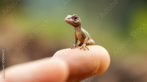 A tiny lizard sitting on the tip of the finger, macro shot, miniaturecore, natural phenomena