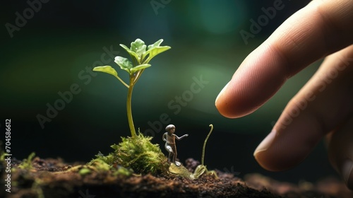 A tiny sprout sitting on the tip of the finger, macro shot, miniaturecore, natural phenomena