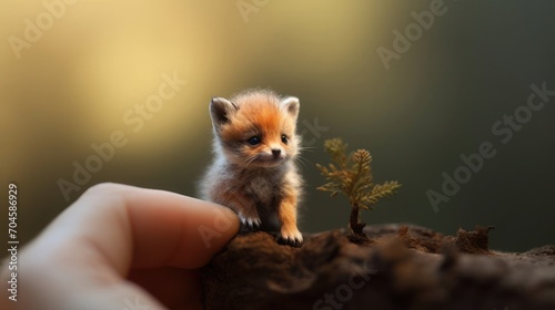 A tiny fox sitting on the tip of the finger, macro shot, miniaturecore, natural phenomena
