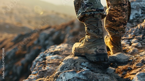 A soldier in camouflage and military boots climbs a mountain. Space for text. Shallow depth of field.