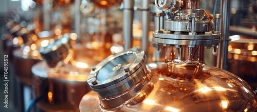 Copper vacuum distillation for gin production under reduced pressure.