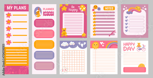 Childish planners. To do lists cute design, scandinavian style notes paper template. Notebook empty pages with cartoon elements, neoteric vector set