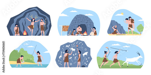 Prehistoric life scenes. Flat caveman friends and families. Neanderthal homo sapiens, hunters, male and female characters. Ancient recent vector set