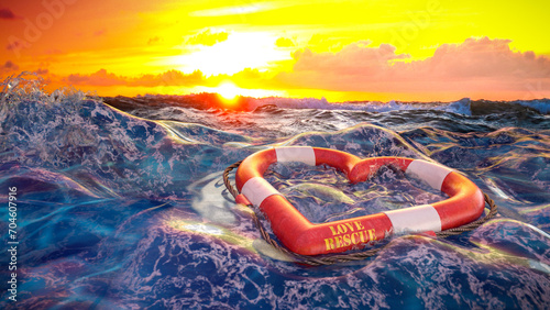 Rettungsring in Herzform treibt in stürmischer See bei Sonnenuntergang - Love Rescue