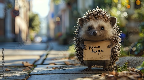 Cute porcupine with open arms, carrying a sign with the words "Free Hugs" written on it.