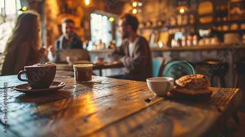 coffee cup on the table in a cafe with people drinking. 