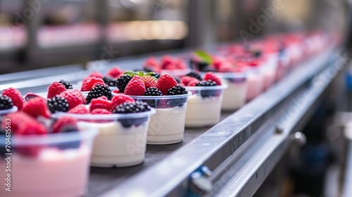 Fruit yogurts production in a factory using modern technology