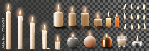 Set of scented wax candles of different sizes and shapes and colors isolated on transparent background. Candles in a candlesticks, burning, and fire flames with wick. Realistic 3d vector illustration