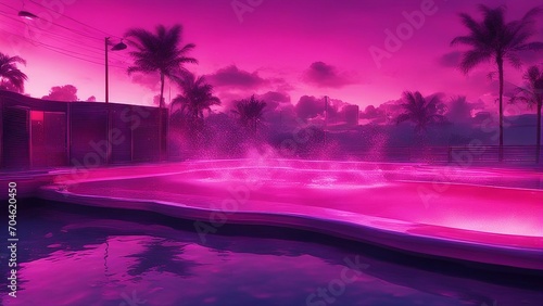 sunset in the city A summer background with an illustration of water splashes in a pool. The water is pink and colorful