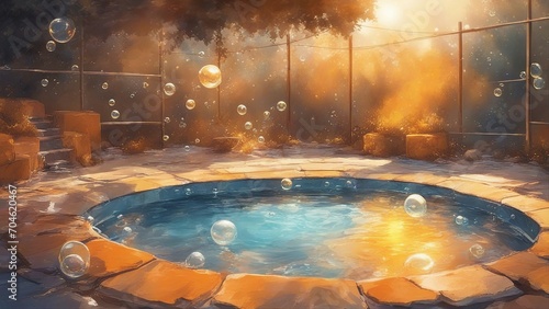 fountain in the park A warm and inviting water pool with bubbles and splashes. The water is yellow and orange, radiating