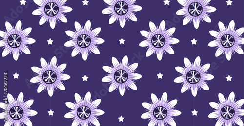Passion flower seamless pattern. Medicinal plant for sleep and relaxation. Natural remedy and food spice. Exotic tropical flower wallpaper. Cartoon vector flat violet background. 