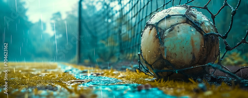 A textured soccer game field with a ball positioned in front of the soccer goal, and a soccer ball nestled in the soccer net.
