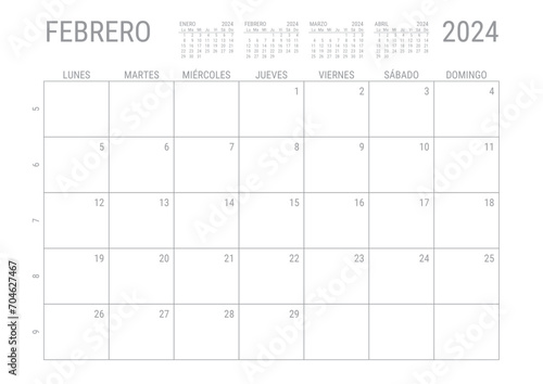 Febrero, Calendario 2024 Mensual para imprimir con numero de semanas A4