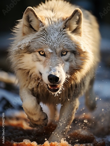A fierce looking wolf running through the snow