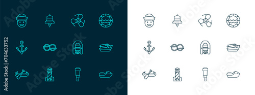 Set line Ship porthole, Lighthouse, Inflatable boat with motor, Spyglass telescope lens, Nautical rope knots, Boat propeller, Sailor and bell icon. Vector