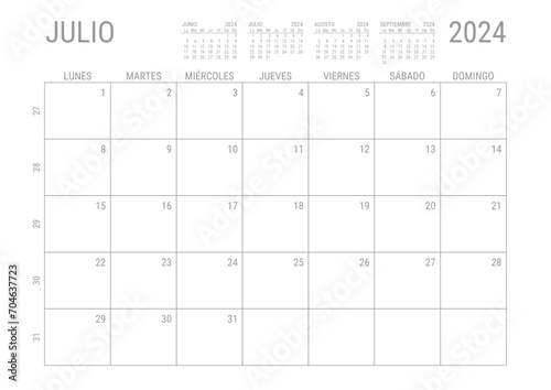 Julio Calendario 2024 Mensual para imprimir con numero de semanas A4