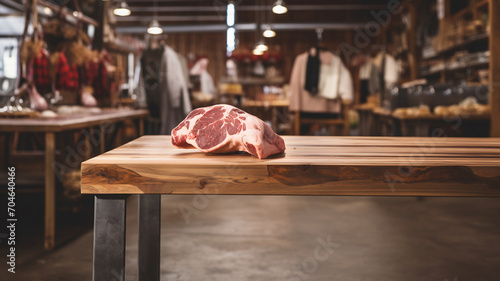 Red meat on a table in a butcher shop, delicatessen advertising, traditional butchery and cured meat shop, fine food