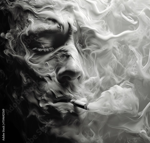 Lost in cigarettes smoke. He likes smoke cigarettes. Desperate in his passion. black and white photo. Generative AI