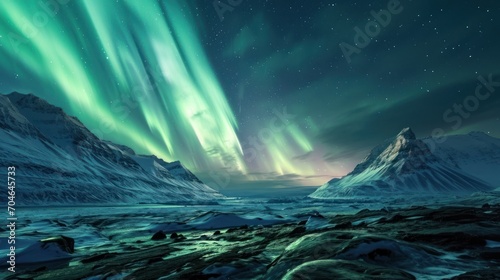  a green and purple aurora bore is in the sky above a mountain range and a body of water in the foreground.