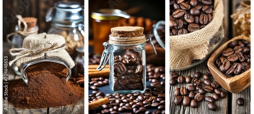 Artistic collage of coffee shop products with divided segments and bright white light style