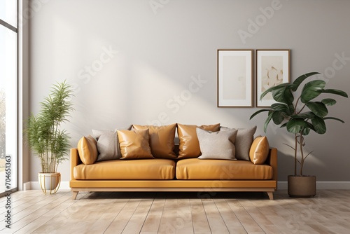 Modern living room interior with brown leather sofa